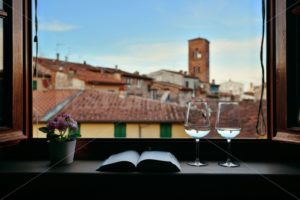 Lucca window view with wine book flower - Songquan Photography