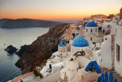 Santorini skyline sunset blue dome - Songquan Photography