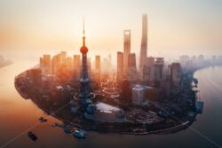 Shanghai city sunrise aerial view with Pudong business district - Songquan Photography