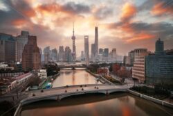 Shanghai city sunrise aerial view with Pudong business district - Songquan Photography