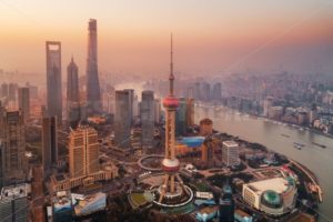 Shanghai city sunrise aerial view with Pudong business district - Songquan Photography