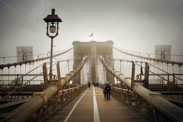 Walk on Brooklyn Bridge in a foggy day - Songquan Photography