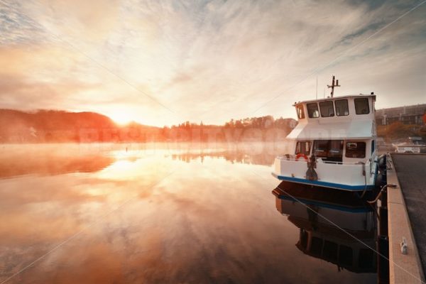 Morning foggy lake boat sunrise - Songquan Photography