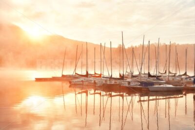 Morning foggy lake boat sunrise - Songquan Photography