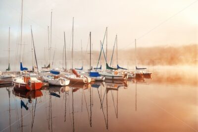 Morning foggy lake boat sunrise - Songquan Photography