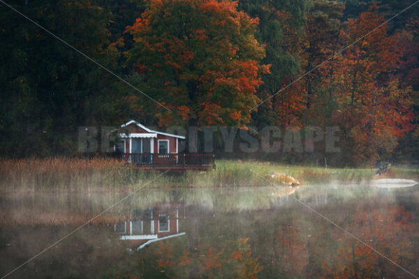 Beautiful Fall colors lake morning fog - Songquan Photography